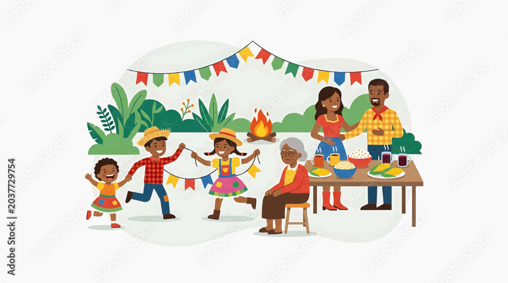 Naklejka premium A lively outdoor celebration depicts a multi-generational family enjoying a festive gathering. Children dance joyfully, adorned in colorful attire and straw hats.