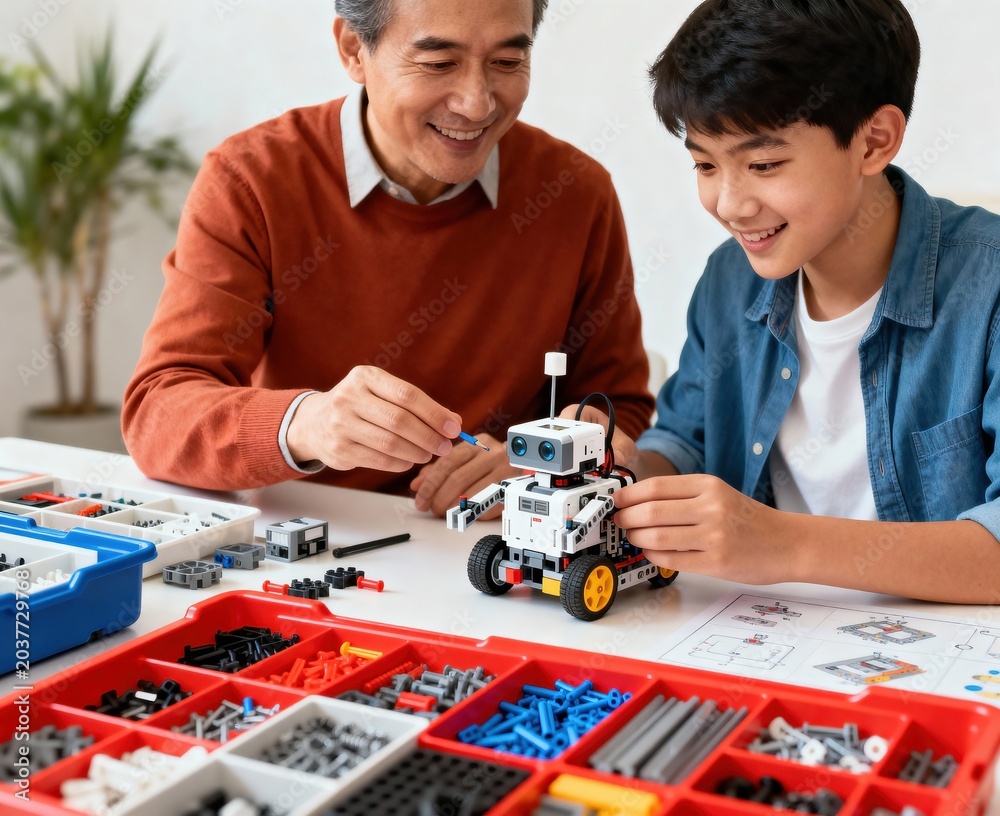 Naklejka premium Father and Son Building Robotics Project with LEGO and Tools in Bright Home Workshop, premium commercial stock image featuring modern professional visual composition, high detail creative concep siyam