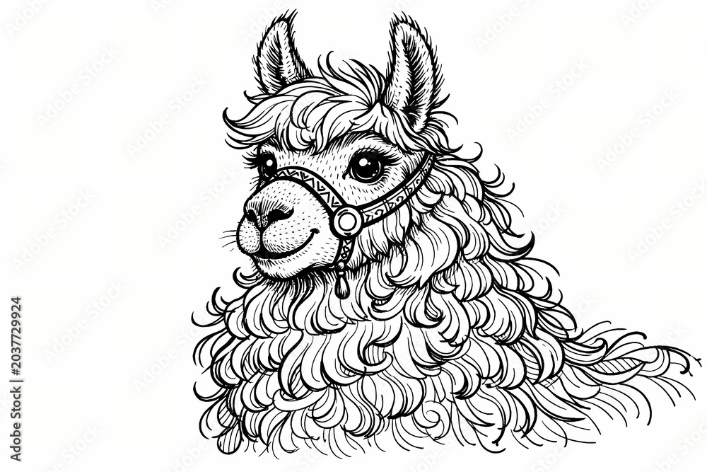 Fototapeta premium High quality sketch of a cute fluffy llama head with decorative bridle. Perfect for children bedroom prints, festive travel brochures, and animal greeting cards. Suitable for cute logos.