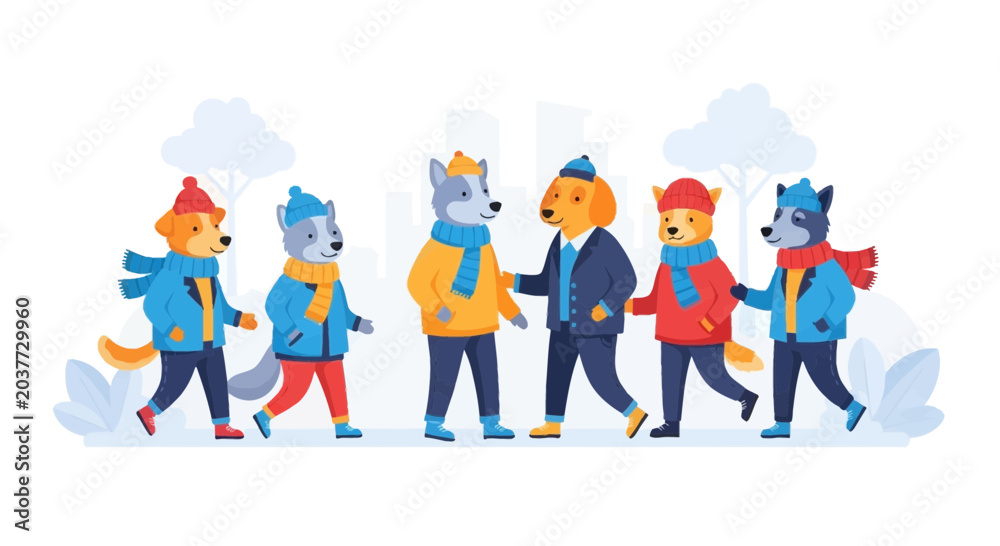 Fototapeta premium Cute Cartoon Dogs and Wolves in Winter Clothes Walking Together