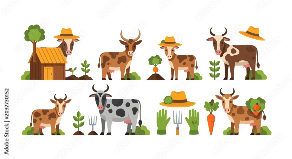 Fototapeta premium Cute Farm Animals Icons, Agriculture Illustration, Rural Life