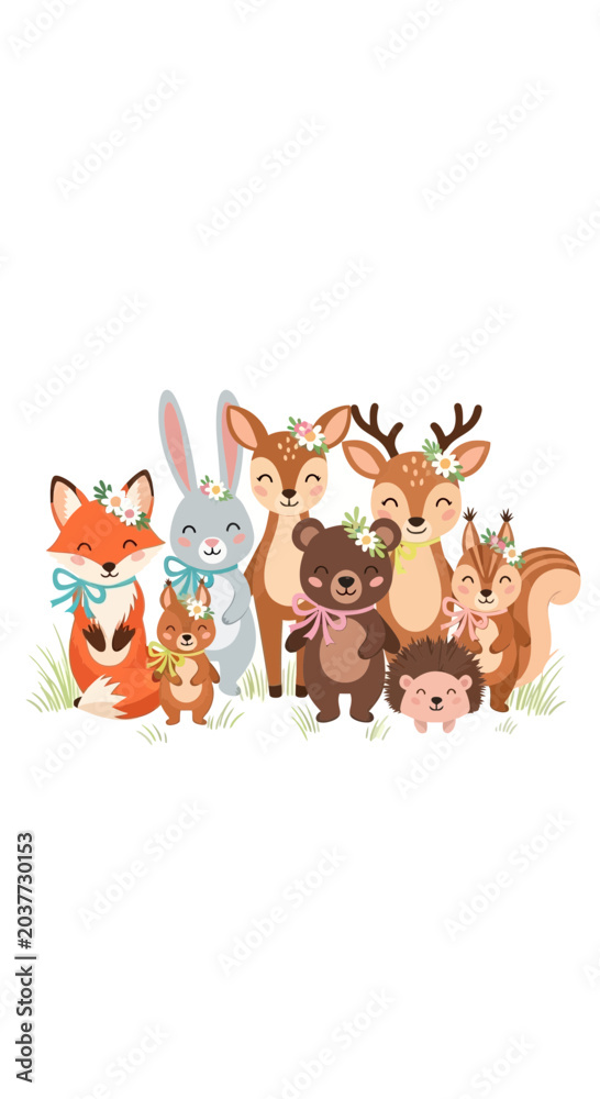 Naklejka premium Cute Forest Animals Illustration with floral decorations
