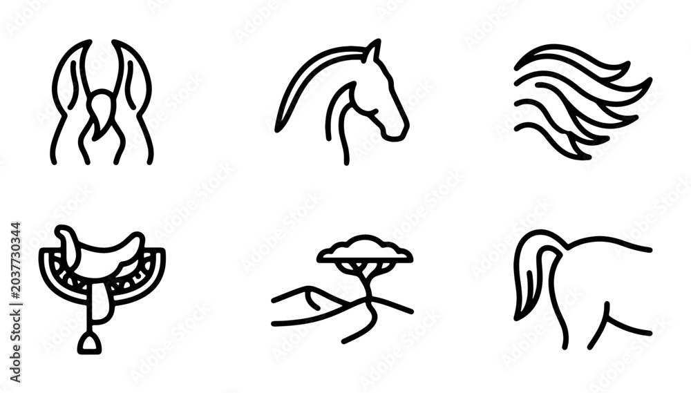 Fototapeta premium Horse Riding Icons Set, Equestrian Vector Graphics, Animal Silhouette Collection, Western Lifestyle Elements