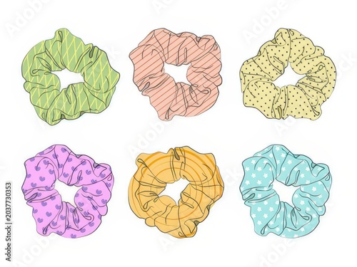 Set of Colorful Patterned Hair Scrunchies Illustration Isolated on White Background for Fa