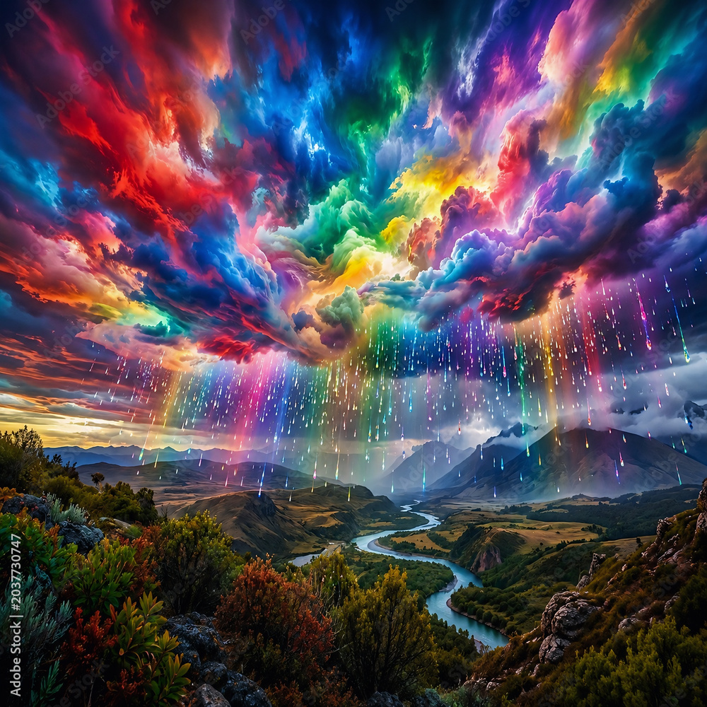 Fototapeta premium Surreal Valley Landscape with Winding River and Dramatic Rainbow Clouds with Colorful Rain