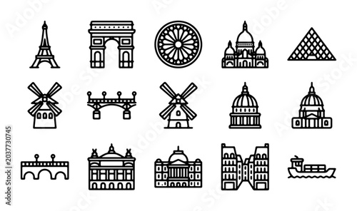 Fotografie Iconic Landmark Collection: Paris, France Architecture & Travel Vector Icons Set
