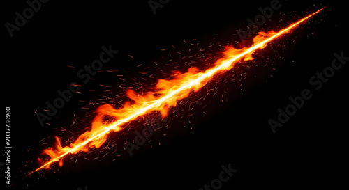 Diagonal fiery streak with sparks on black background dramatic energy effect