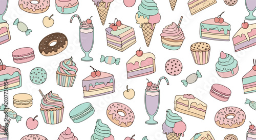 Cute Pastel Dessert Doodle Seamless Vector Pattern Design Illustration