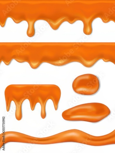 Set of Realistic Orange Liquid Drips and Splashes, Caramel or Honey Flowing on White Backg