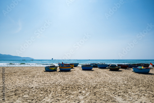 Da Nang beach landscape with coconut basket boat at My Khe beach area, Vietnam. Beautiful beach of Da Nang, Vietnam