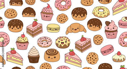 Cute Kawaii Bakery Treats Seamless Vector Pattern Design Illustration