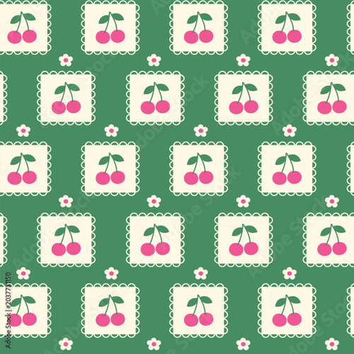 Photos Seamless vector pattern with cherries on a green background