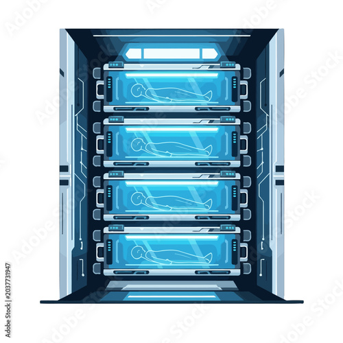 Foto A futuristic storage unit containing several people in glowing blue hibernation