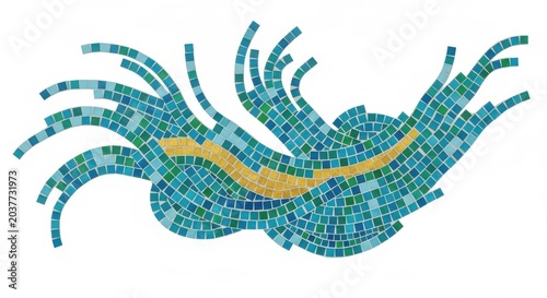 Abstract mosaic of blue and green waves with a golden stripe isolated on white background