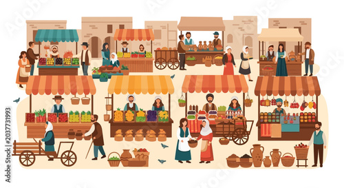 Vibrant ancient village market, bustling with traditional vendors, shoppers, and diverse goods, depicting lively historical community life and commerce