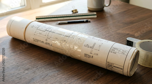 Rolled architectural blueprint with drafting tools on a wooden desk surface, showing detailed plans.