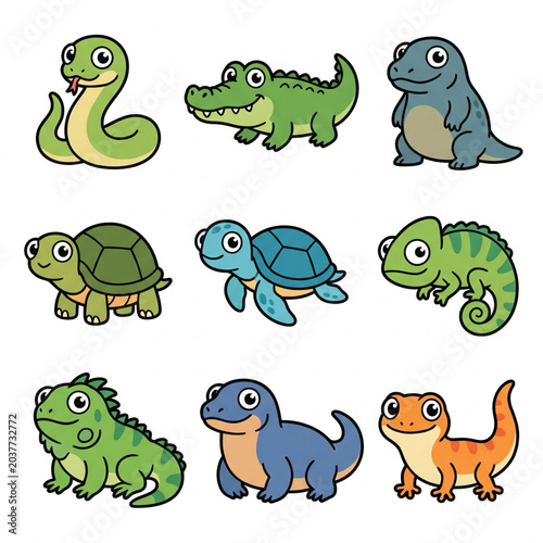 Cute Reptiles Character Collection Flat Cartoon Illustration Set Isolated on White Background