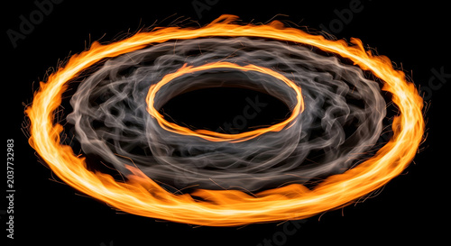 Fiery vortex of orange and white smoke against a black background