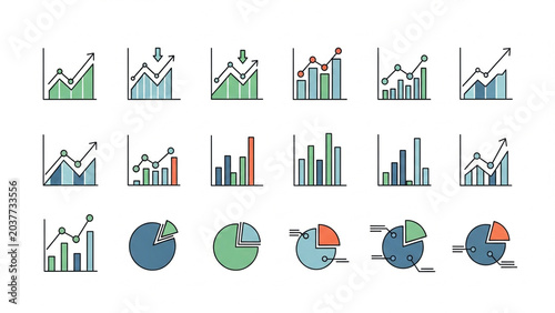 Set of Business Analytics Charts and Graphs in Colorful Style for Data Presentation and Reports