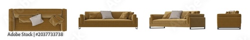 Photos Modern mustard yellow velvet sofa with decorative pillows and black metal legs