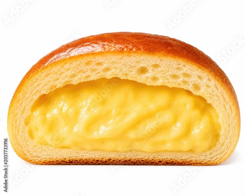 Custard Cream Bun Cross Section With Glossy Golden Crust and Vanilla Filling on White Background