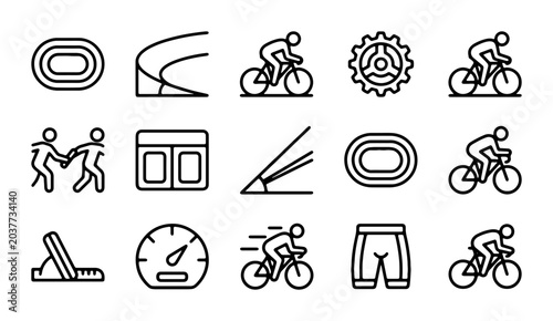 Cycling Icons Set, Bicycle Sport Graphics, Cyclist Gear & Track Elements, Vector Collection