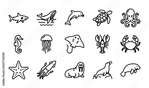 Photography Marine Life Icons Set, Ocean Creatures Vector Graphics, Sea Animals Collection,