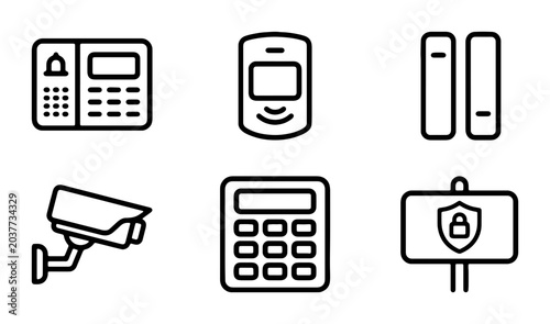 Foto Security Icons Set: Surveillance Camera, Access Control Panel, Mobile Phone, Cal