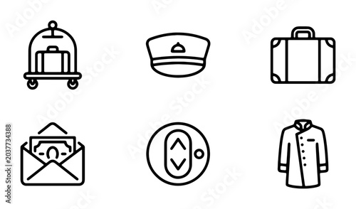 Foto Hotel Service Icons: Bellhop Cart, Uniform, Luggage, Money Envelope, Elevator, S