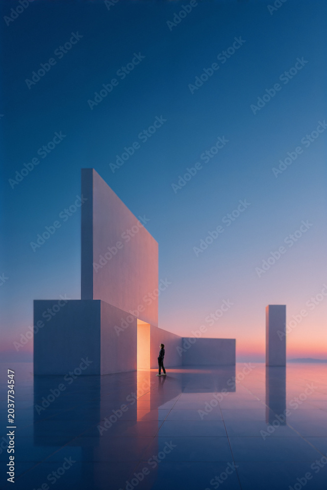 © Lustre Art Group  - Blue minimalist house with small glowing doorway and person walking at dusk. Concept of luxury real estate campaign, exclusive property offer and modern housing market.