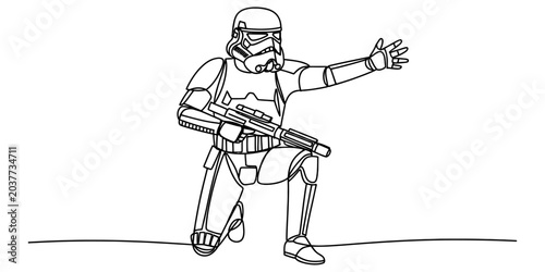 Quadro em tela A black and white line art drawing of a sci-fi soldier in full armor kneeling wh