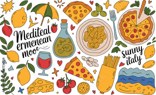 Mediterranean food and drink collection with pasta, pizza, lemons, and wine