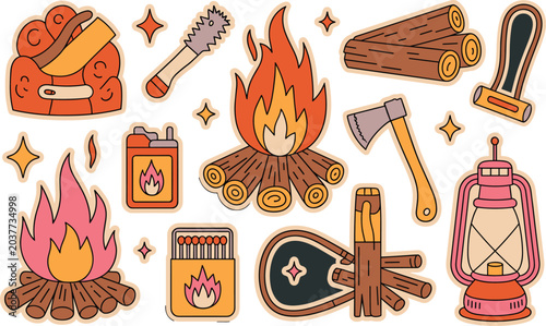 Set of colorful camping and outdoor adventure stickers including campfire, axe, lantern