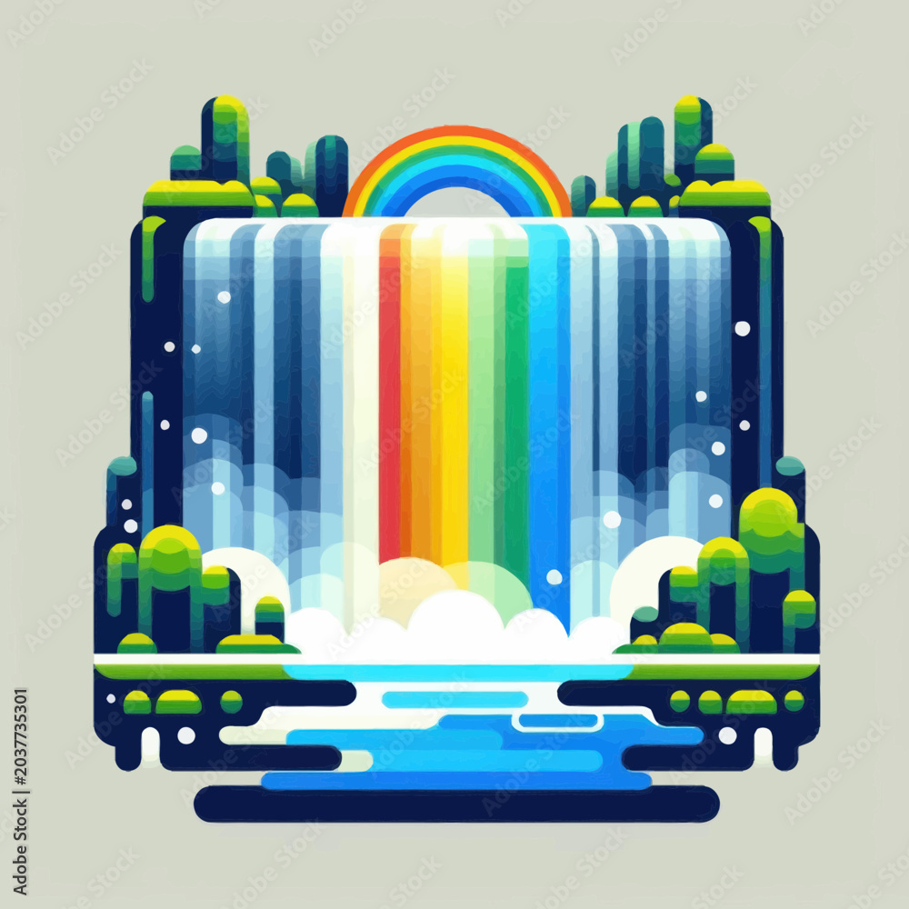 Fototapeta premium Vibrant Rainbow Waterfall Illustration with Lush Greenery.