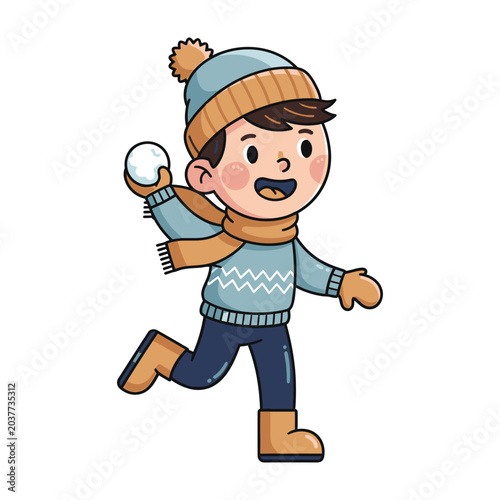 Happy Little Boy Wearing Winter Clothes and Playing with a Snowball Outdoor in Winter Season