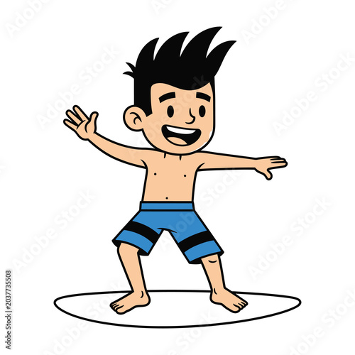 Happy Boy Standing on a Surfboard in Blue Swimming Trunks Enjoying Summer Vacation Activities