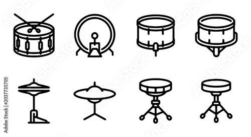 Slika na platnu Drum Set Icons, Percussion Instruments Collection, Musical Equipment Vector Grap