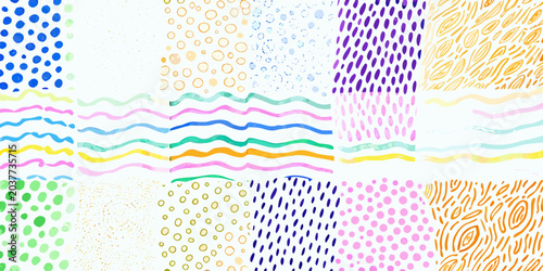 abstract watercolor pattern with colorful lines and dots on white background