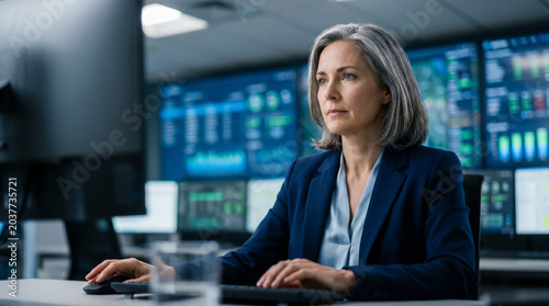 Senior businesswoman working at computer in high tech control center