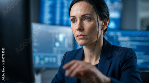 Focused female professional analyzing complex data on computer screens