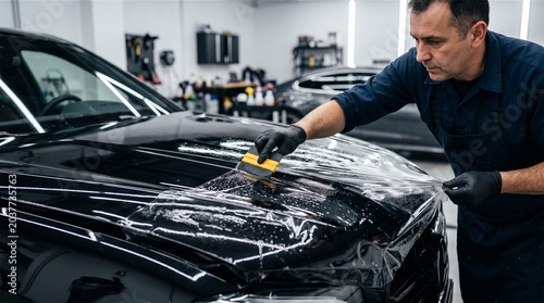 Professional car detailing service installing paint protection film