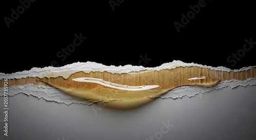 Torn paper revealing wooden surface with glossy finish on a gray background