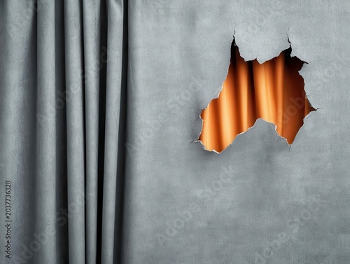Torn silk curtain revealing plummeting economic indicators behind elegant facade