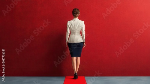 Businesswoman on red carpet turning back from collapsing financial screen