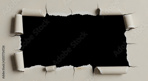 Torn paper with black background revealing a rectangular hole for display or text