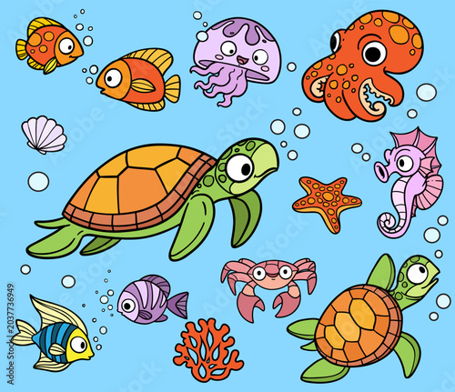Cute cartoon sea creatures big and small - sea turtle, fishes, jellyfish, octopus on a blue background