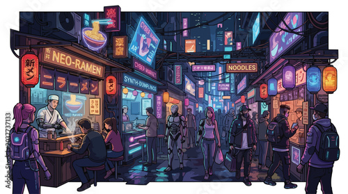 Diverse people and characters at a neon ramen stall in a futuristic city.