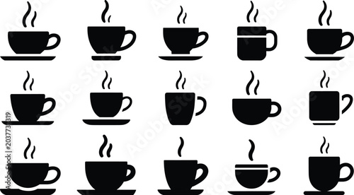 Bild auf Leinwand Hot coffee cup silhouette collection with steaming mug and teacup beverage icons