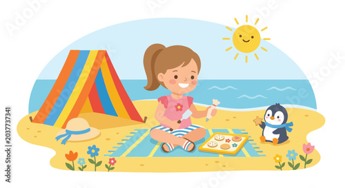 A cheerful young girl sits on a beach mat, decorating cookies with a penguin companion under a bright sun near a colorful tent and the ocean.