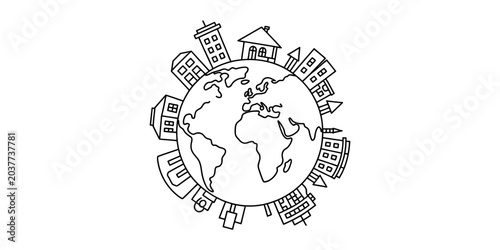 Fotografia Black and white hand drawn sketch of the planet earth surrounded by various city